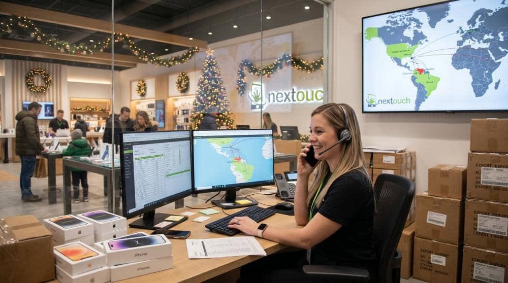 Operador mayorista de Nextouchonline gestionando pedidos de celulares al por mayor para Latinoamérica