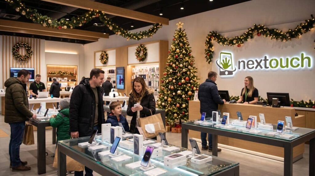 Clientes comprando iPhones en tienda de tecnología con decoración navideña - Nextouchonline